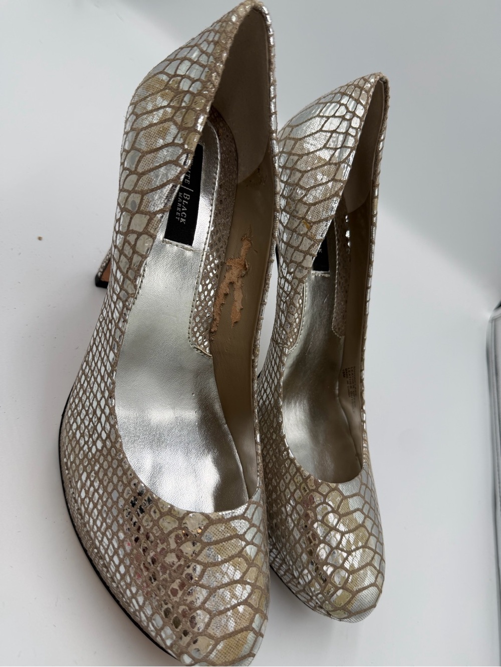 White House Black Market Metallic White and Gold Textured Pumps
